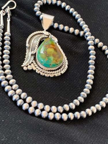 Men's Turquoise Pendant | Navajo Pearls Sterling Silver Necklace | Authentic Native American Handmade | 2568