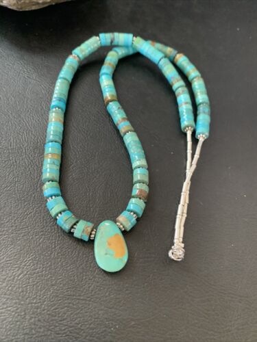 Navajo Green Turquoise Heishi Necklace | Sterling Silver | 22" | Authentic Native American Handmade | 11814