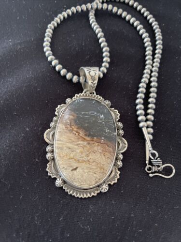 Navajo Pearls Picture Jasper Pendant Necklace | Sterling Silver | Authentic Native American Handmade | 1301