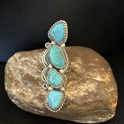 Navajo Blue Kingman Turquoise Cluster Ring | Authentic Native American Sterling Silver | Multi-Stone | Sz 8.5 | 14491