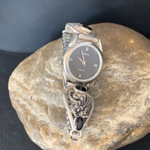 Authentic Navajo Sterling Silver Watch Tips with Black Onyx Band | Women's Feather Design | Native American Jewelry | 14042