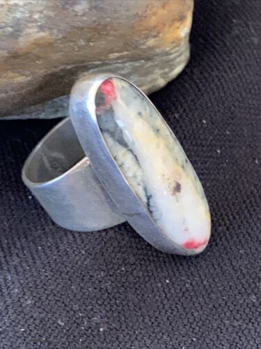 Southwestern Navajo Cinnabrite Ring | White Black | Sterling Silver | Sz 7.5 | 1558