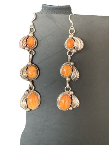 Navajo Orange Spiny Oyster Dangle Earrings | Sterling Silver | Authentic Native American Handmade | 1226