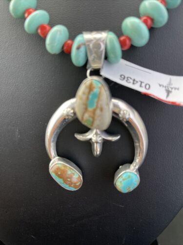 Navajo Blue Ribbon Boulder Turquoise Naja Pendant Necklace | Sterling Silver | 1436