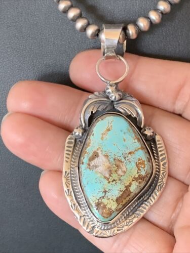 Men's Navajo Blue Dry Creek Turquoise Pendant | Sterling Silver | Pearl Necklace | Native American | 12970