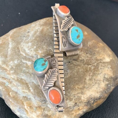 Vintage Navajo Sterling Silver Watch Tips | Old Pawn Turquoise & Coral Band | Authentic Native American Jewelry | 11930