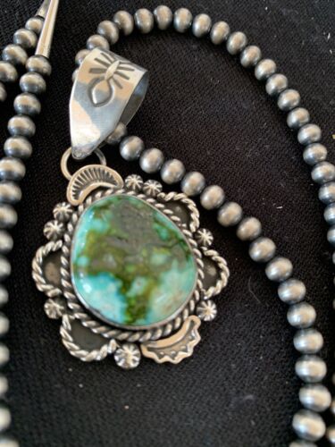 Navajo Green Sonoran Gold Turquoise Pendant | Sterling Silver | Authentic Native American Handmade | 687