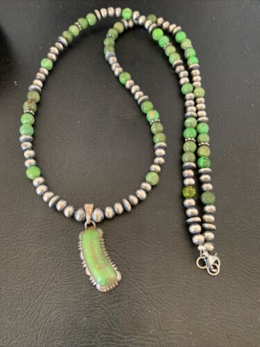 Navajo Green Gaspeite Turquoise Pendant | Sterling Silver Inlay | Authentic Native American Handmade | 12342