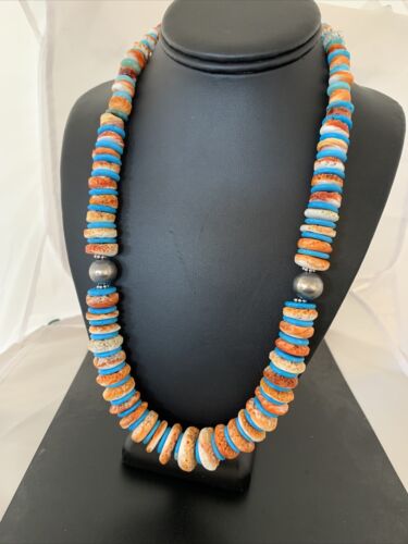 Navajo Pearls & Spiny Oyster Turquoise Necklace | Sterling Silver | Graduated | Authentic Native American | 23" | 00744