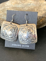 Native American Women's Dangle Earrings | Navajo Sterling Silver Stamped Handmade | 1665