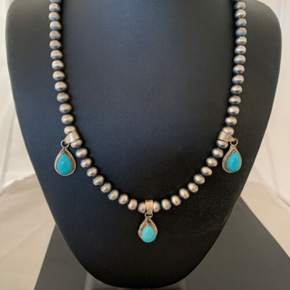 Navajo Handmade Sterling Silver Turquoise Necklace | 3 Teardrop Pendants | Authentic Native American | 1952