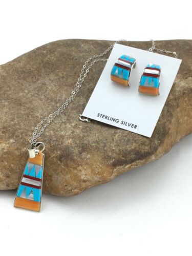 Navajo Multi-Stone Inlay Pendant Necklace & Earrings Set | Sterling Silver | Authentic Native American Handmade | 4741