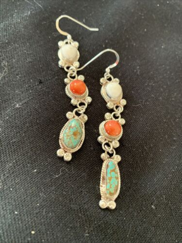 Navajo Spiny, Turquoise & Howlite Dangle Earrings | Sterling Silver | Authentic Native American Handmade | 1572