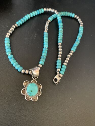 Navajo Blue Turquoise Pendant Necklace | Sterling Silver Pearls | Authentic Native American Handmade | 13217