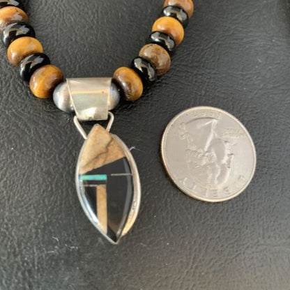 Navajo Sterling Silver Inlay Necklace with Black Onyx, Tigers Eye, Picture Jasper | 22" | 13761