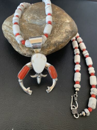 Navajo White Buffalo Turquoise Coral Naja Pendant | Sterling Silver | Authentic Native American Handmade | 10516