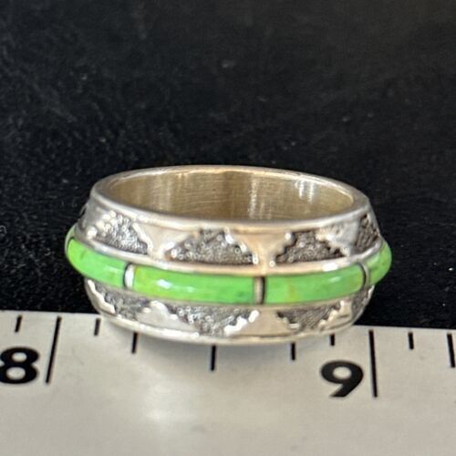 Navajo Green Gaspeite Inlay Eternity Band Ring | Sterling Silver | Sz 9.5 | Authentic Native American Handmade | 14548