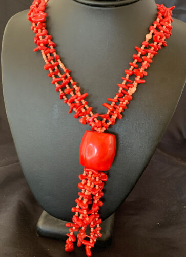 Navajo Red Pink Coral Pendant Necklace | Stainless Steel | 30" | Authentic Native American Handmade | 11711