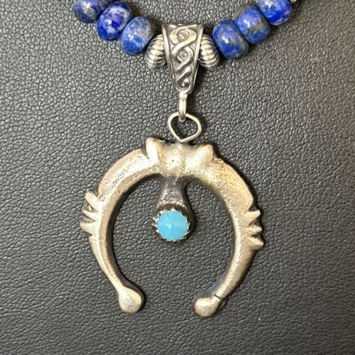 Navajo Blue Turquoise Lapis Necklace Pendant | Authentic Native American Sterling Silver | Naja | 14638