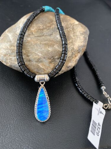 Navajo Opal Pendant Onyx Heishi & Turquoise Necklace | Sterling Silver | Authentic Native American Handmade | 4329