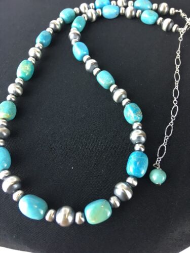 Authentic Native American | Navajo Sterling Silver Turquoise Necklace | Blue Green | 18" | 384