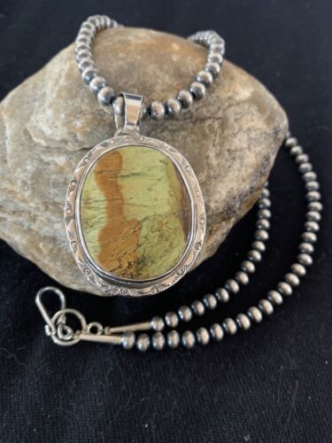 Navajo Green Gaspeite Pendant Necklace | Sterling Silver | Authentic Native American Handmade | 388