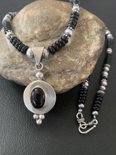 Navajo Pearls Black Onyx Bead Necklace | Sterling Silver | Authentic Native American Handmade | 2085
