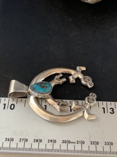 Navajo Bisbee Turquoise Naja Pendant | Sterling Silver | Men's Native American Handmade Necklace | 13796