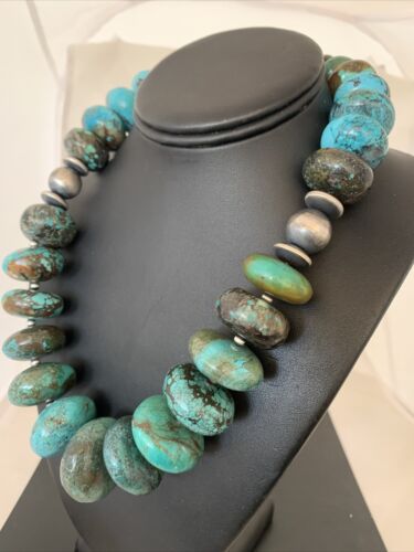 Navajo Pearls Sterling Silver & Chunky Blue Turquoise Graduated Necklace | Authentic Native American | 22" | 1748