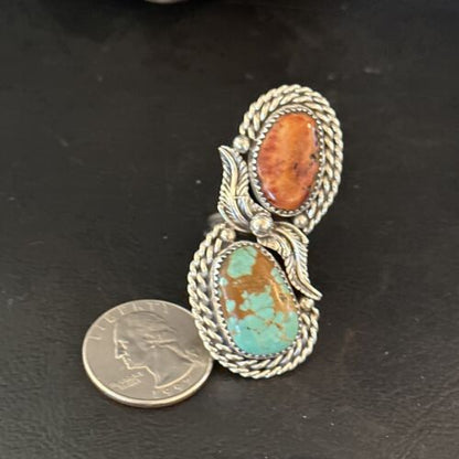 Navajo Women's Turquoise Spiny Oyster Multi-Stone Ring | Authentic Native American Sterling Silver | Multi-Stone | Sz 7.5 | 14489