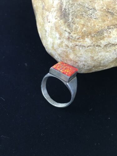 Navajo Men's Red Opal Inlay Ring | Sterling Silver | Sz 9.5 | Authentic Native American Handmade | 10104