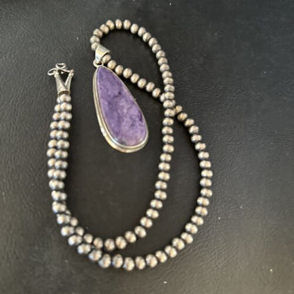 Navajo Pearls Purple Charoite Necklace Pendant | Sterling Silver | Authentic Native American Handmade | 14465