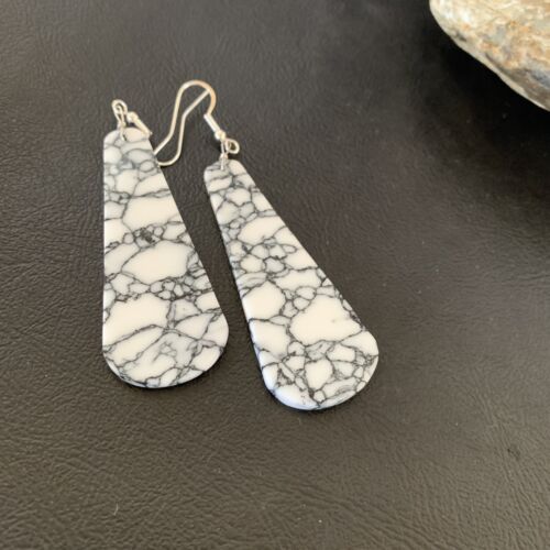 Navajo White Buffalo Turquoise Dangle Earrings | Sterling Silver | 2" | Authentic Native American Handmade | 11751