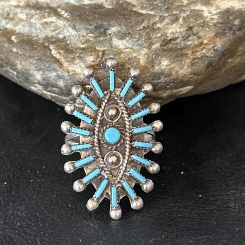 Zuni Blue Turquoise Cluster Needle Point Ring | Authentic Native American Sterling Silver | Multi-Stone | Sz 9 | 14568