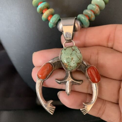 Navajo Pearl Royston Turquoise Coral Necklace with Naja Pendant | Sterling Silver | 13758