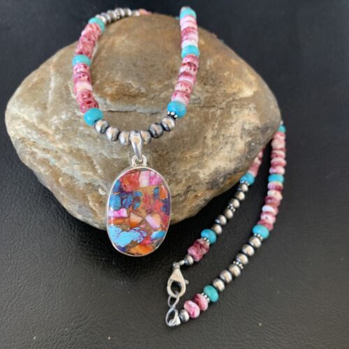 Navajo Pearl Sterling Silver Necklace with Turquoise and Purple Spiny Oyster Pendant | 13278