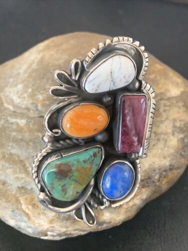 Navajo White Buffalo Spiny Oyster Lapis Multi-Stone Ring | Authentic Native American Sterling Silver | Sz 10.5 | 11568