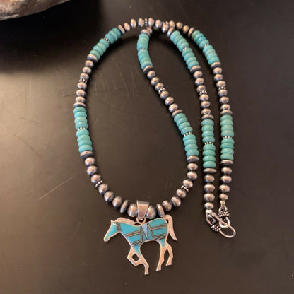 Navajo Horse Inlay Pendant | Blue Turquoise & Opal | Sterling Silver | Authentic Native American Handmade | 11469