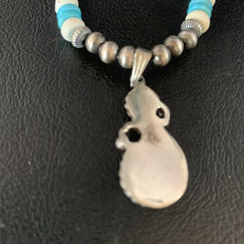 Navajo Mother of Pearl Turquoise Onyx Inlay Pendant Bead Necklace | Sterling Silver | Native American Handmade | 13566