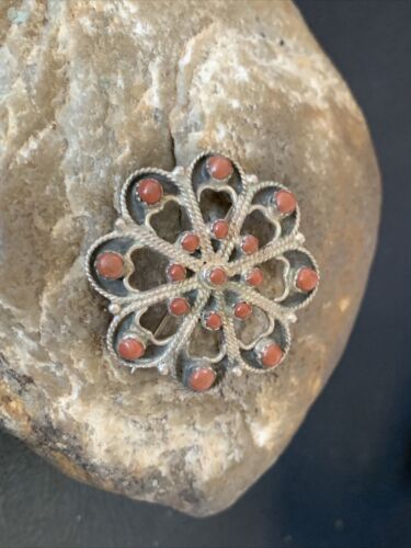 Old Pawn Zuni Sterling Silver Turquoise Red Coral Brooch Pin | 1.25" | 12558