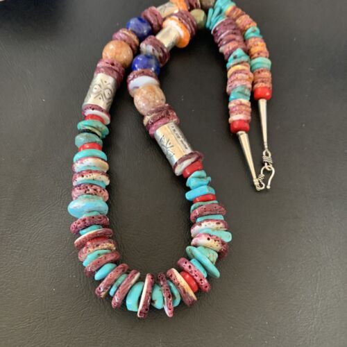 Navajo Turquoise Spiny Oyster Coral Lapis Necklace | Sterling Silver | 24" | Authentic Native American Handmade | 11871