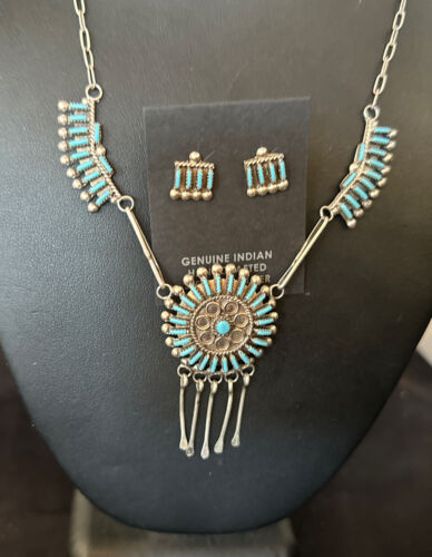 Zuni Kingman Turquoise Needle Point Necklace Pendant Earrings Set | Sterling Silver | Native American Handmade | 14488