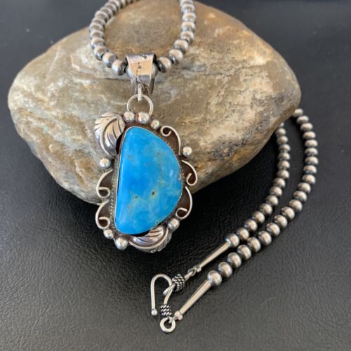 Native American Sterling Silver Blue Kingman Turquoise Necklace Pendant | Women's | 10901