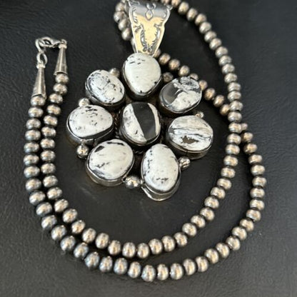 Navajo White Buffalo Turquoise Cluster Pendant | Authentic Native American Sterling Silver | Multi-Stone | 14676 - Masha USA