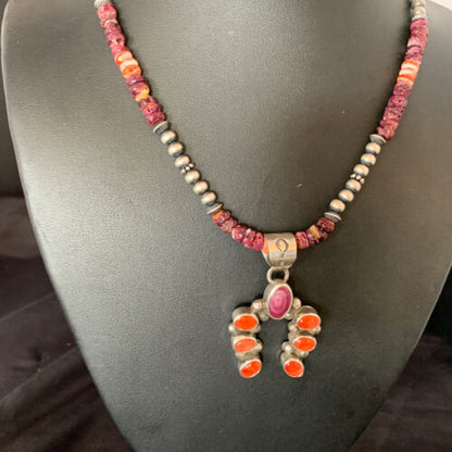 Navajo Purple Spiny Oyster Cluster Necklace | Sterling Silver Naja Pendant | Authentic Native American Handmade | 13154