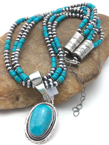 Navajo Pearls Kingman Turquoise Pendant Necklace | Sterling Silver | 3-Strand Set | 21" | 3001