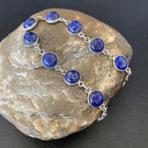 Minimalist Navajo Blue Lapis Lazuli Link Bracelet | Sterling Silver | 7.5" | 12655