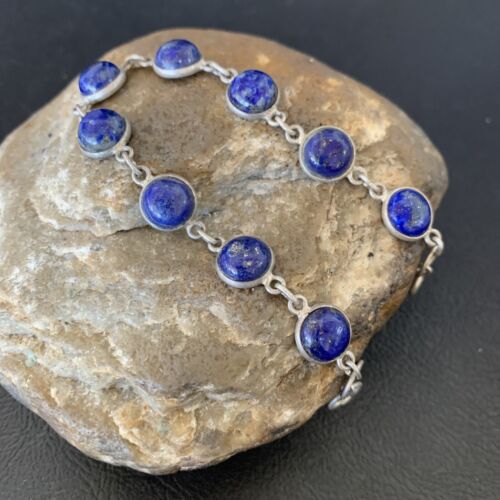 Minimalist Navajo Blue Lapis Lazuli Sterling Silver Link Bracelet 7.5" 12655