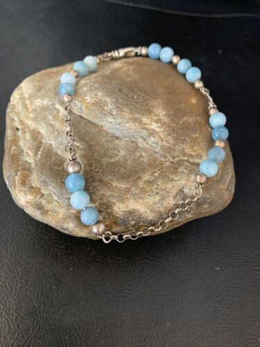 Navajo Blue Larimar Link Bracelet | Sterling Silver | 6mm | 8.5" | Authentic Native American Handmade | 14186