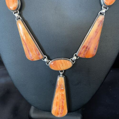 Navajo Lariat Necklace with Orange Spiny Oyster Pendant | Sterling Silver | 20" | Authentic Native American Jewelry | 13883